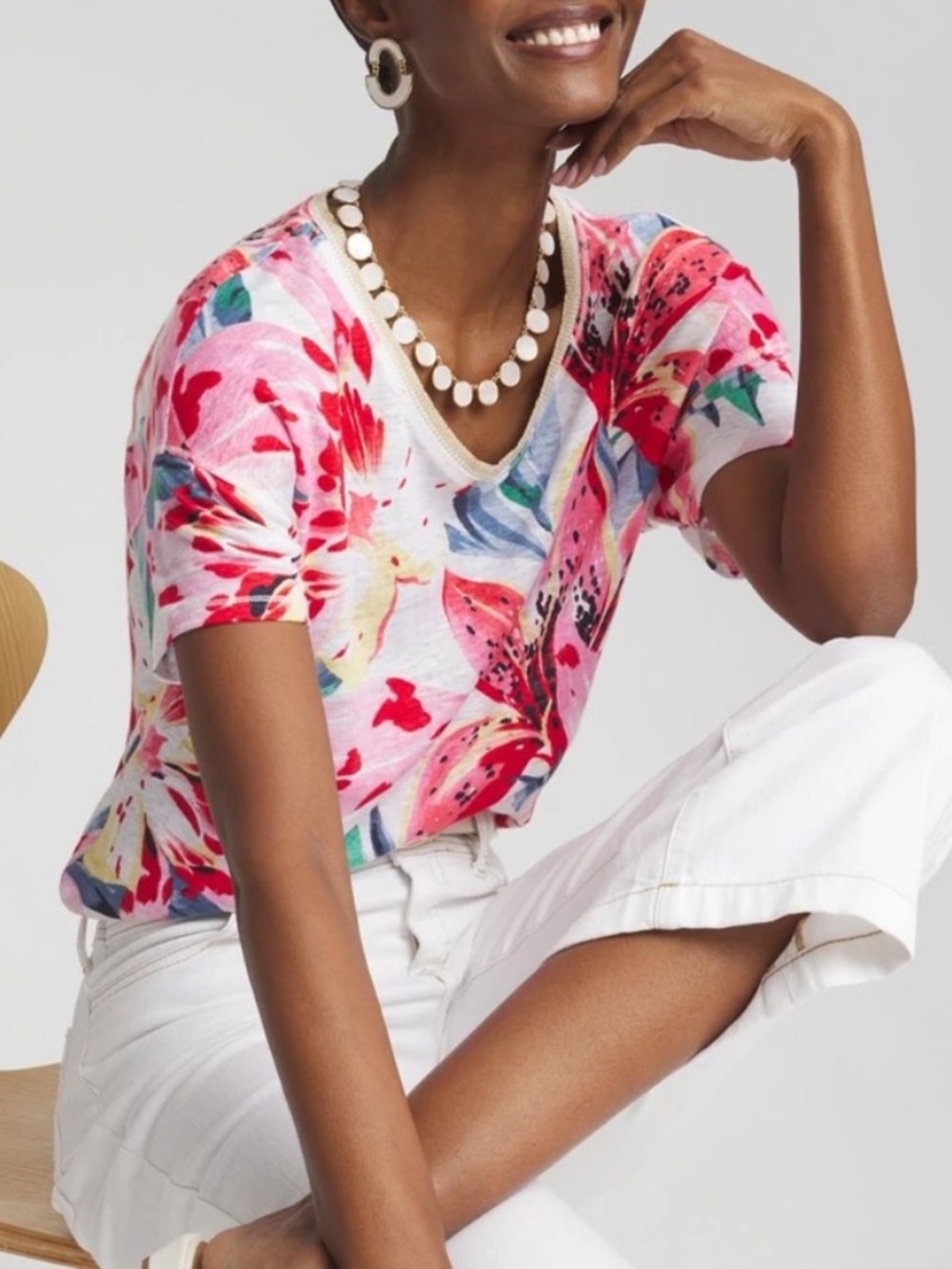 Chicos Tropical 100% Linen Tee Lily Floral Women’s Size XL (3)